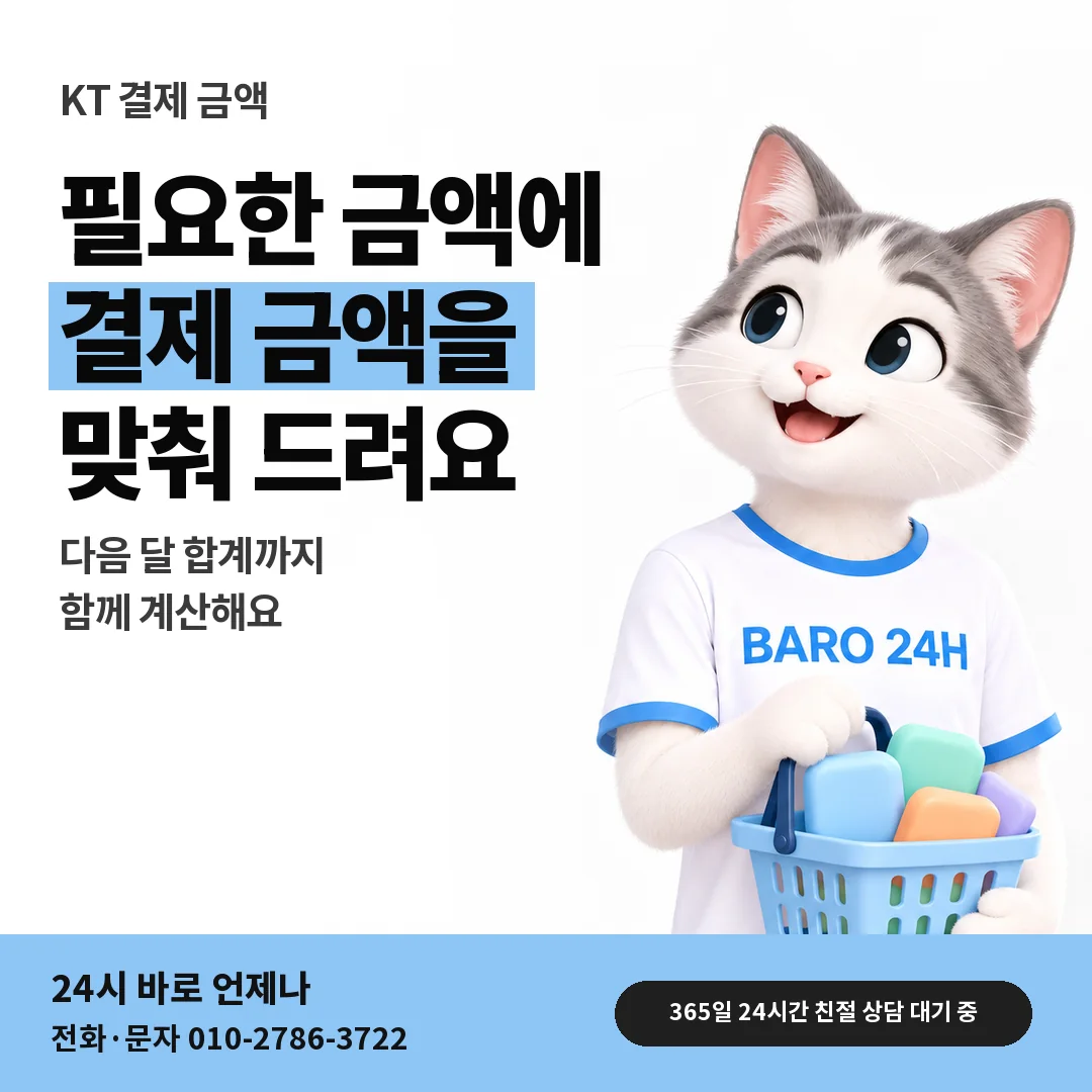 BARO 24H 티셔츠를 입은 3D 동물 캐릭터 옆에 「KT 결제 금액 정하는 기준」 제목을 얹은 안내 카드
