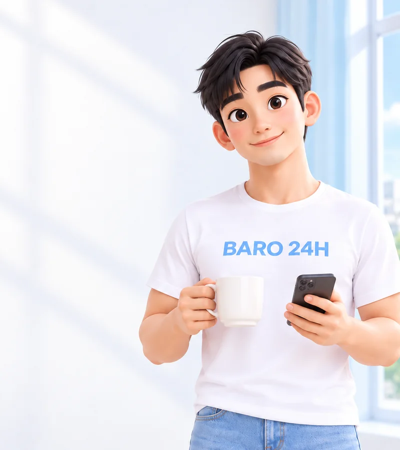 휴대폰을 들고 상담을 안내하는 BARO 24H 티셔츠 차림의 20대 3D 인물